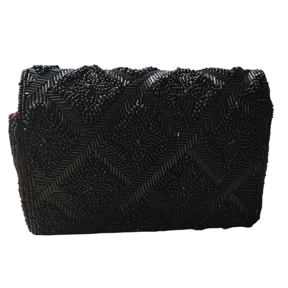 Vintage Black Beaded Evening Clutch Vintage Red Satin Lining Magnetic Closure - Picture 1 of 16